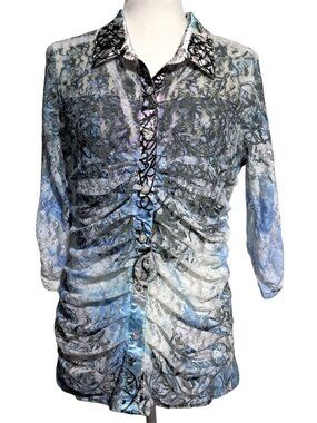 Fantazia Sheer Bling Button Up Blouse Womens Size L Lace Ruched Multi-Color Flor